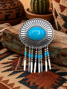 Quoc QT Southwestern Sterling Silver Faux Blue Turquoise Dangle Pendant Pin